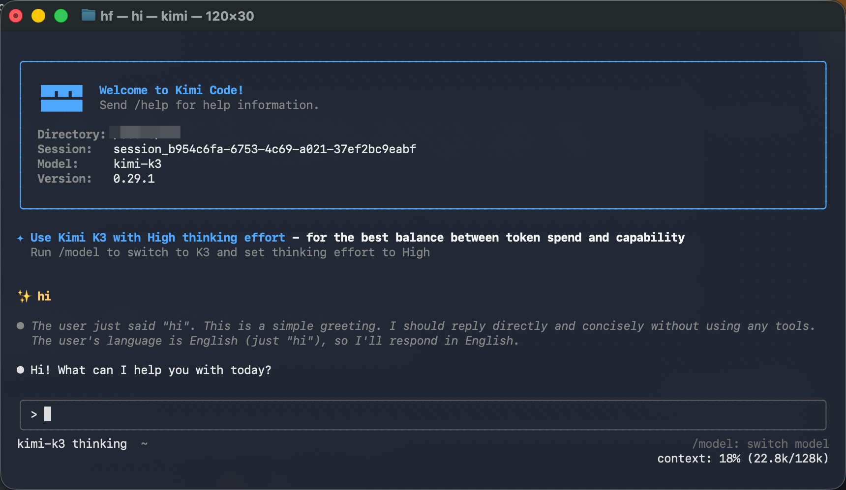 Kimi Code CLI launch example